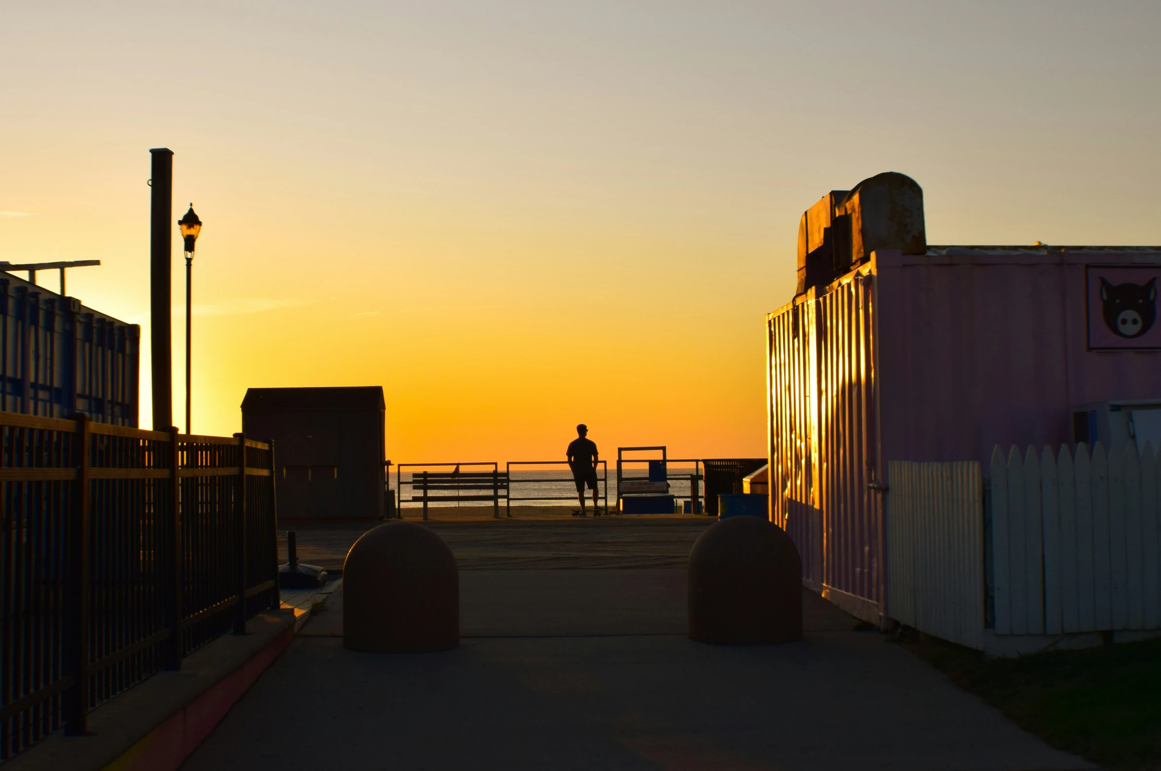 a silhouette of the setting sun, from the dock