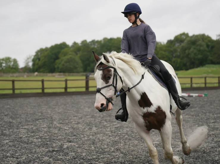 a woman riding a brown and white horse in an arena