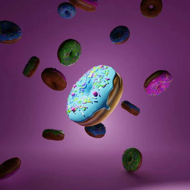 a doughnut in the air with several donuts around it