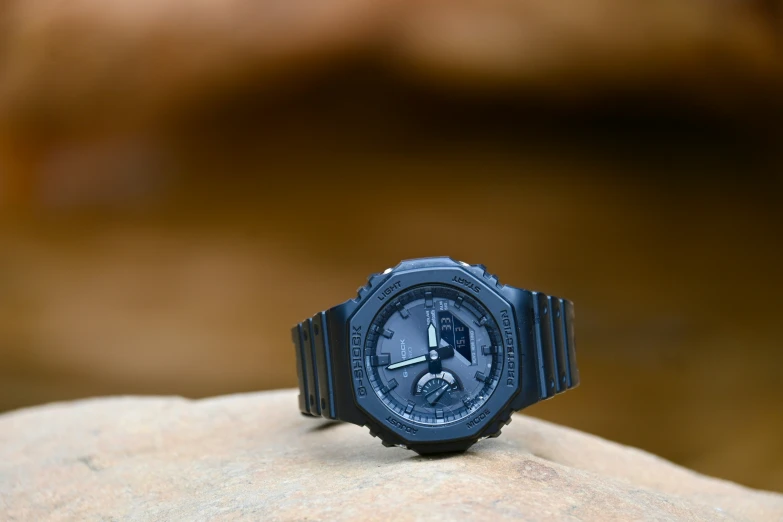 an automatic watch sitting on top of a rock