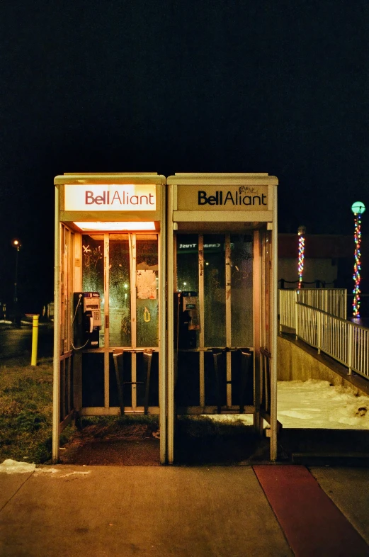 this is a phone booth outside at night