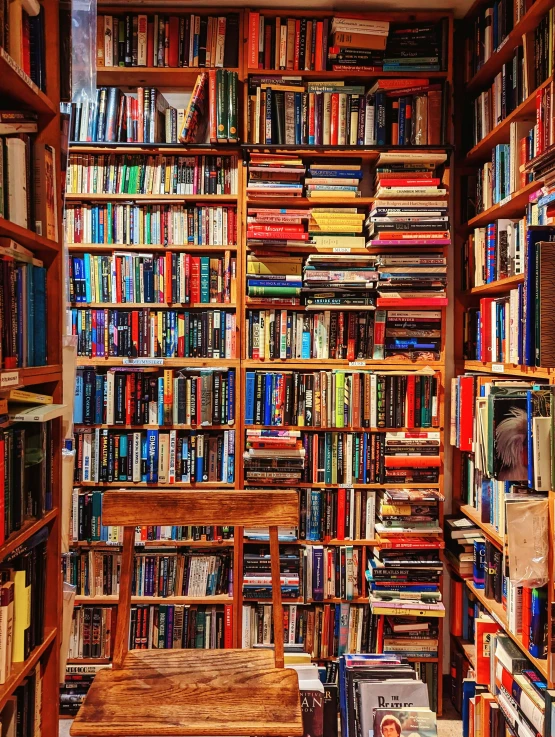 the bookshelves are covered with many types of books
