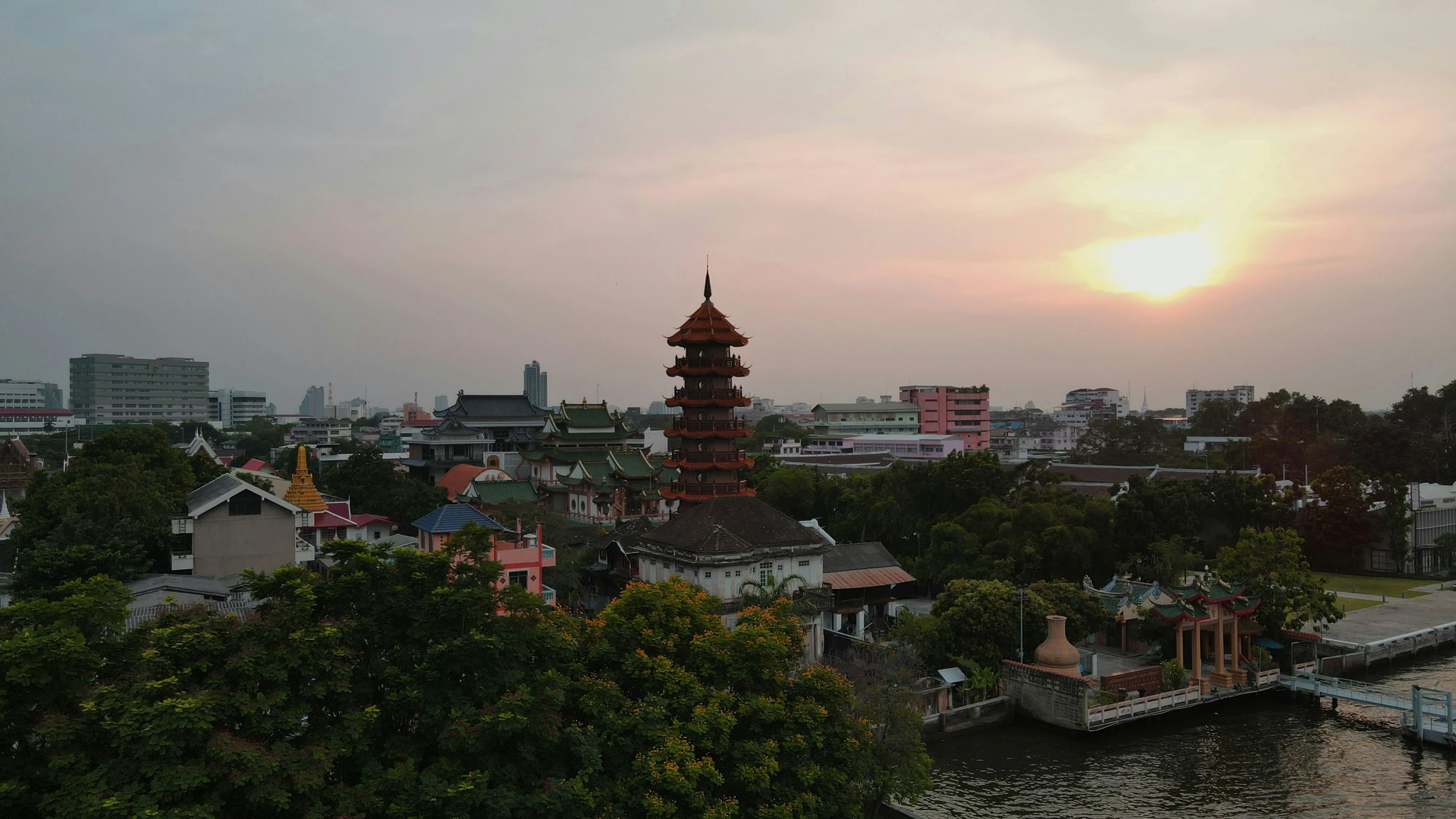 a scenic view of a city with many water towers