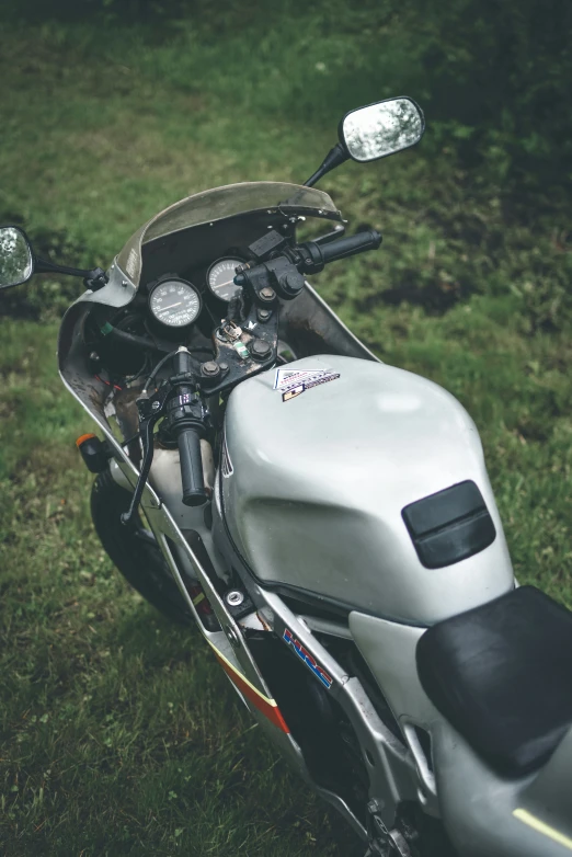 a close up s of a parked motor cycle