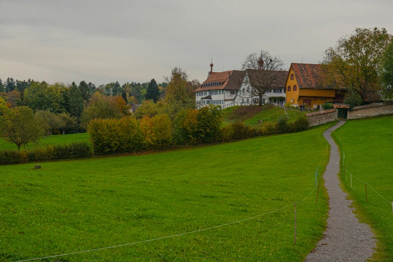 a green field that is near houses