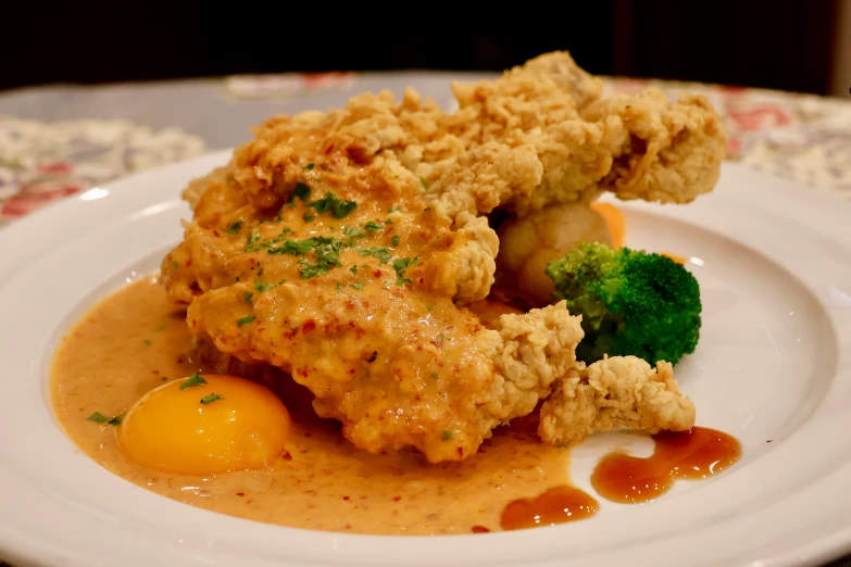 there is a plate with broccoli and fried chicken