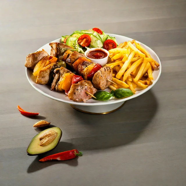 a bowl with grilled meat, french fries, tomatoes and cucumber