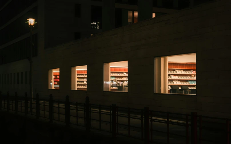 empty shelves with lit up light on at night