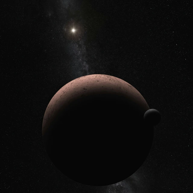 an artist's rendering of a distant exoplane in the foreground, with two stars above