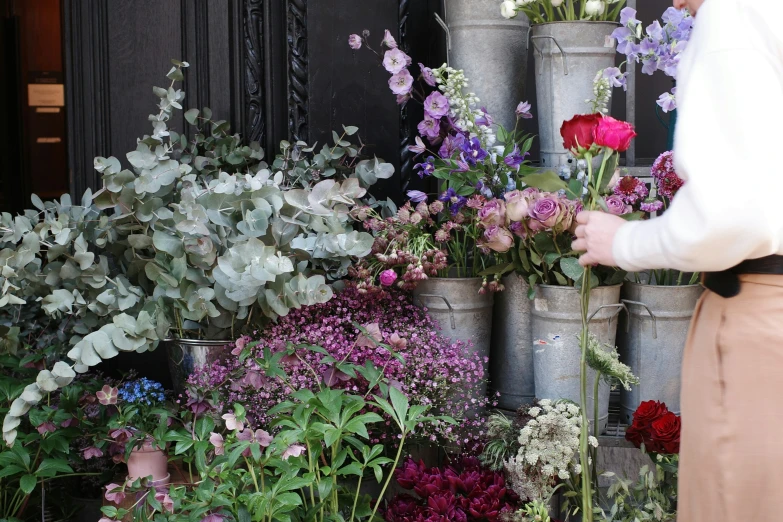 a lady standing in front of a garden filled with plants