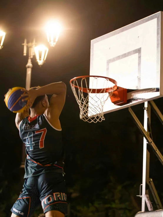 a man throwing a basketball into a basket