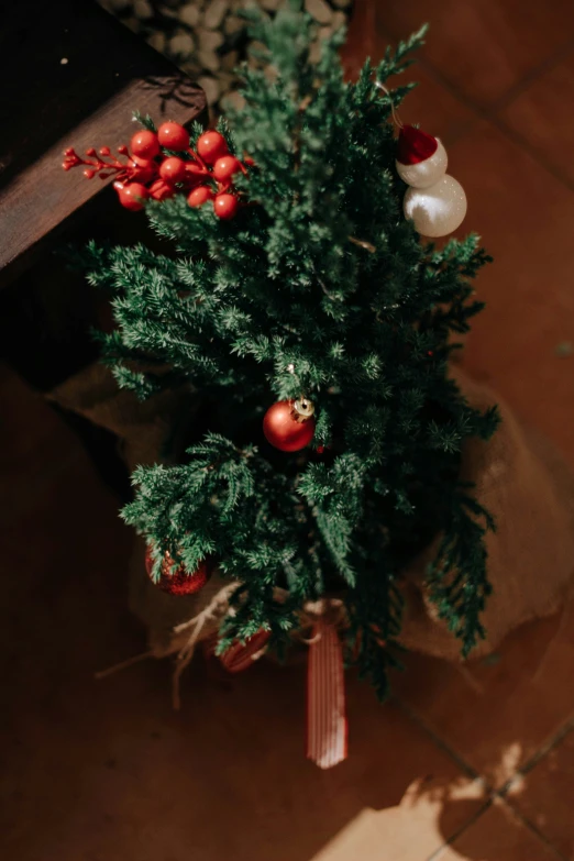 a red christmas tree decoration with holly berries