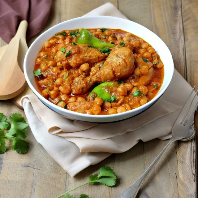 a bowl filled with chicken and beans sitting on a table