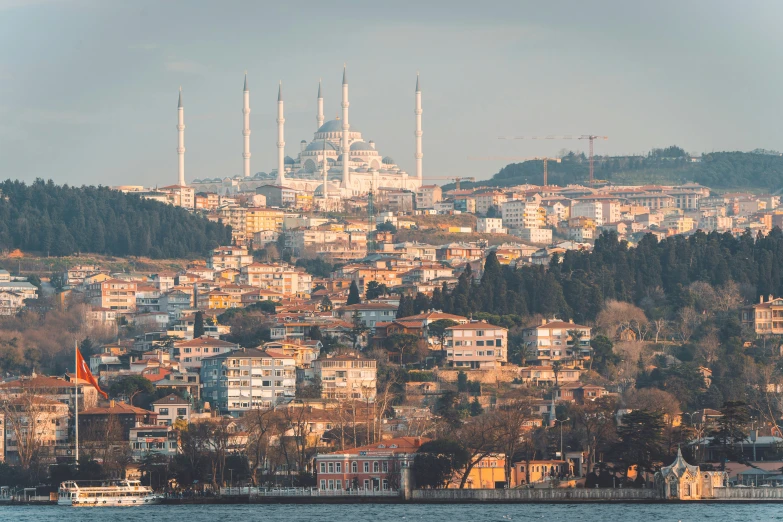 a town on a hill overlooking water and forest