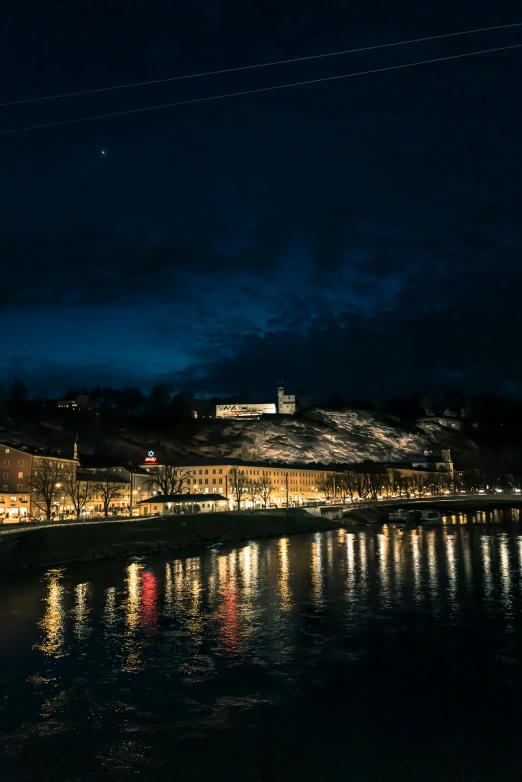 a river near the city lights reflecting off of the water