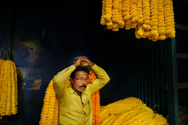 a man is holding his head near several rows of yellow flowers